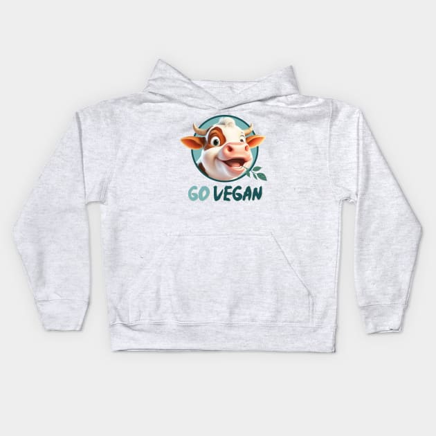 Happy vegan calf, go vegan, against animal torture, no animal cruelty, green stuff in the mouth Kids Hoodie by Shaani